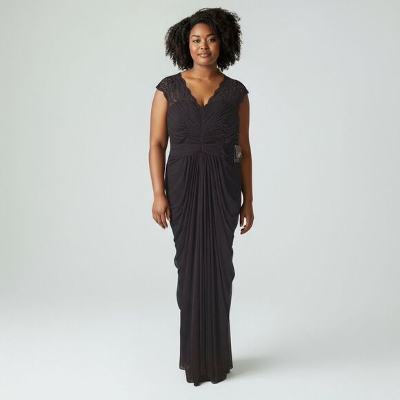 adrianna papell dress Like A Glove NWT Purple Lace Shoulders Shirred Plus 16 - Picture 1 of 10